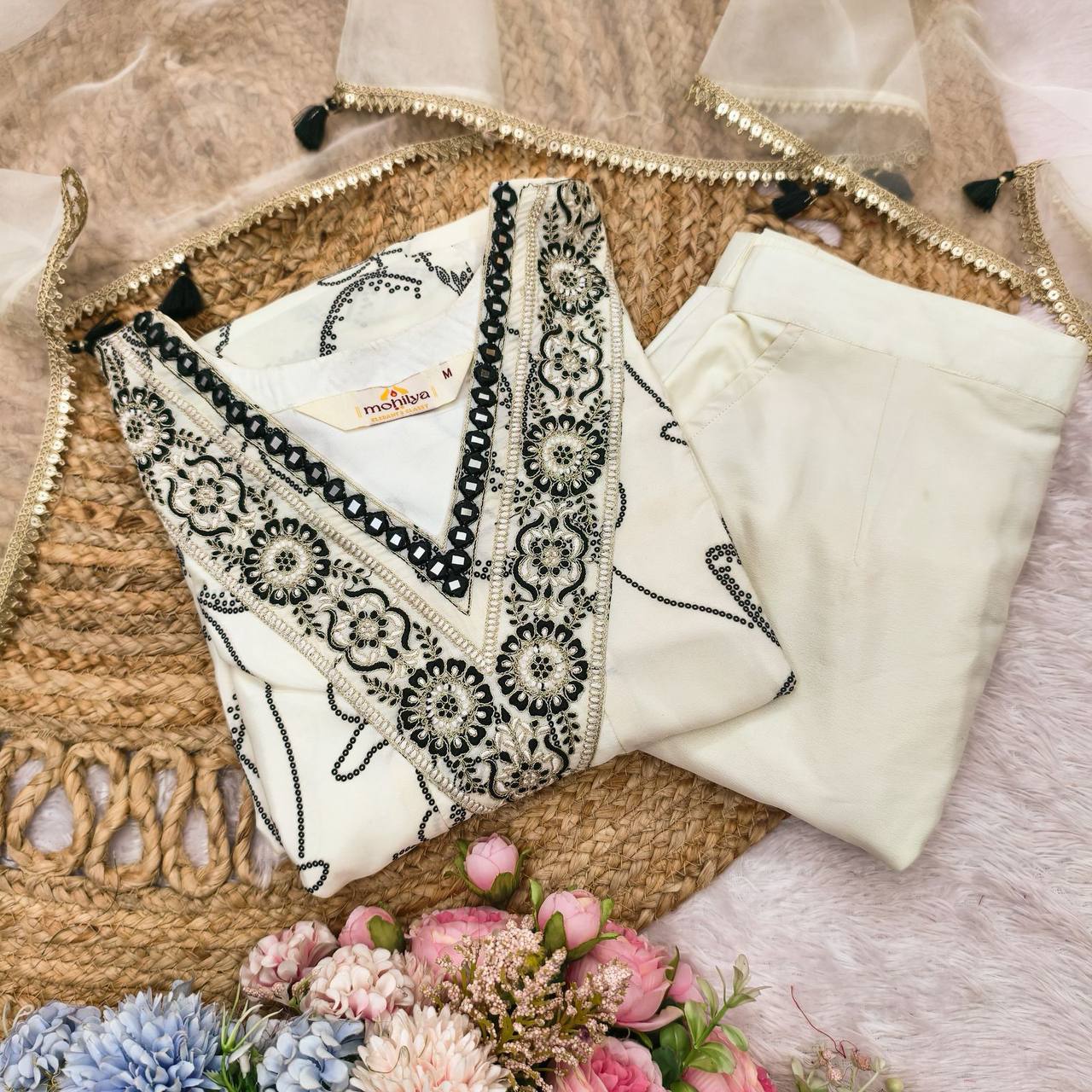 Close up of Anarkali Salwar Suit neckline embroidery and lace trim.