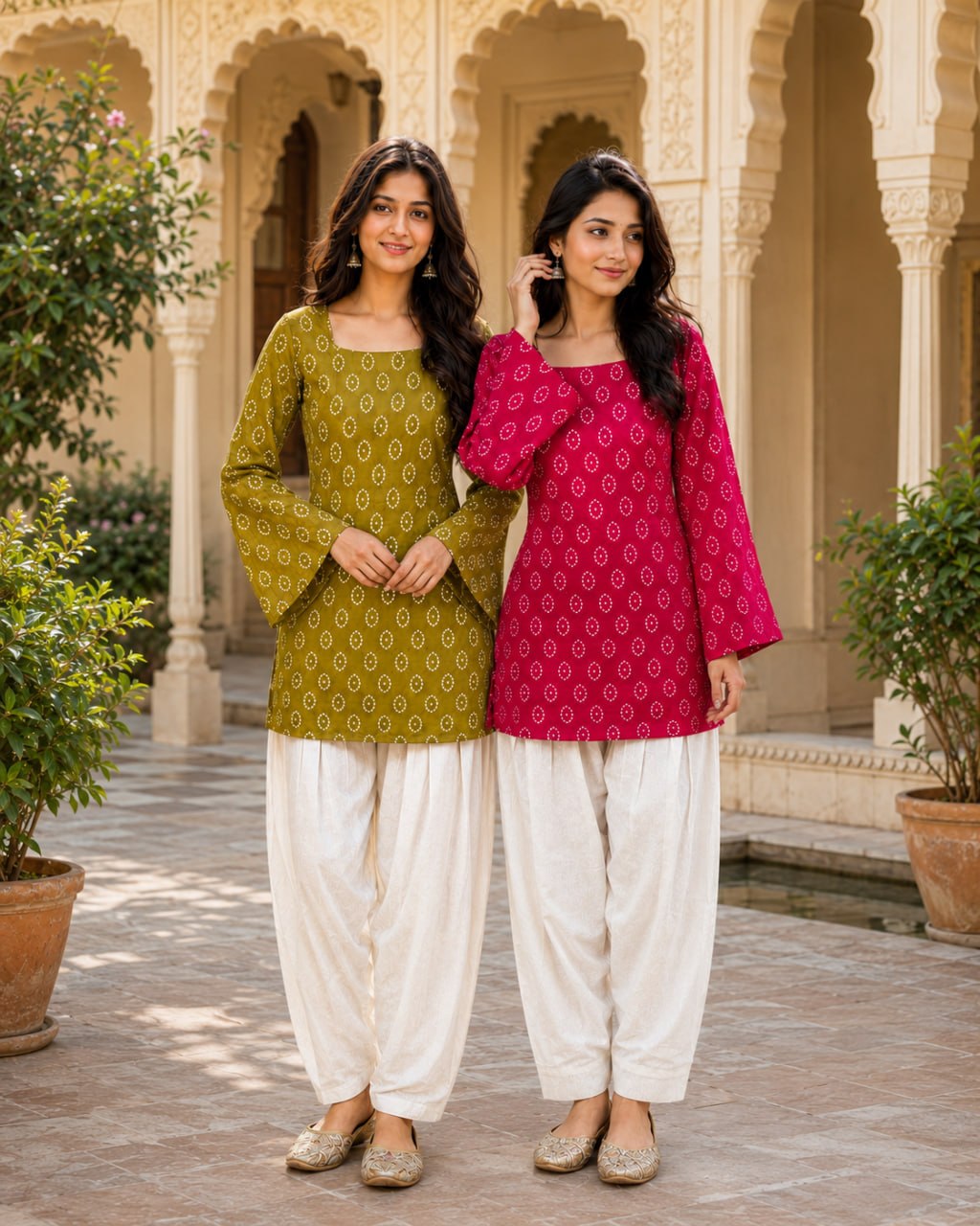 RangBhoomi Premium Cotton Bandhej Printed Top and Linen Cotton Farsi Style Pant Set