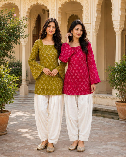 RangBhoomi Premium Cotton Bandhej Printed Top and Linen Cotton Farsi Style Pant Set