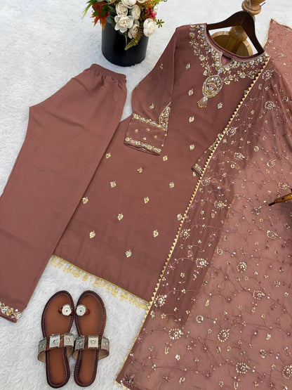 Embroidered Sequined Faux Georgette Top, Bottom, and Dupatta Set – Fully Stitched and Ready to Wear