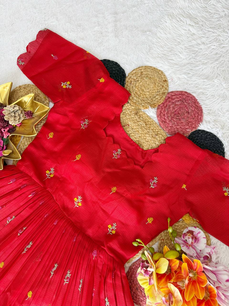 RangBhoomi Summer Floral Embroidered Kota Checks Midi Gown - Soft Kota, Micro Cotton Lining