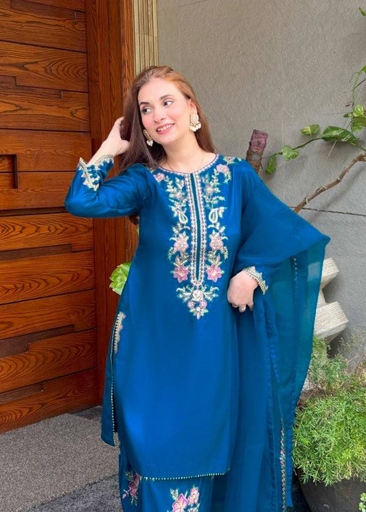 RangBhoomi Women's Premium Ethnic French Crepe Ensemble with Embroidered Thread Work, Full Sleeve Top, Farshi Pant, and GMY Silk Dupatta