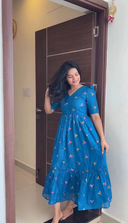 RangBhoomi Summer Floral Embroidered Kota Checks Midi Gown - Soft Kota, Micro Cotton Lining