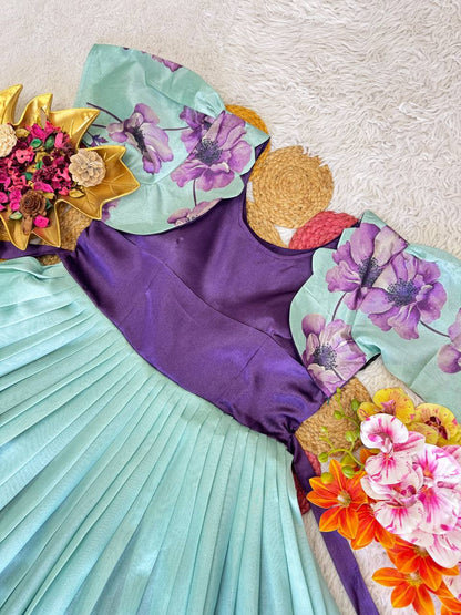 Elegant Floral Printed Silk Gown – Add a Glamorous Touch to Your Festive Wardrobe