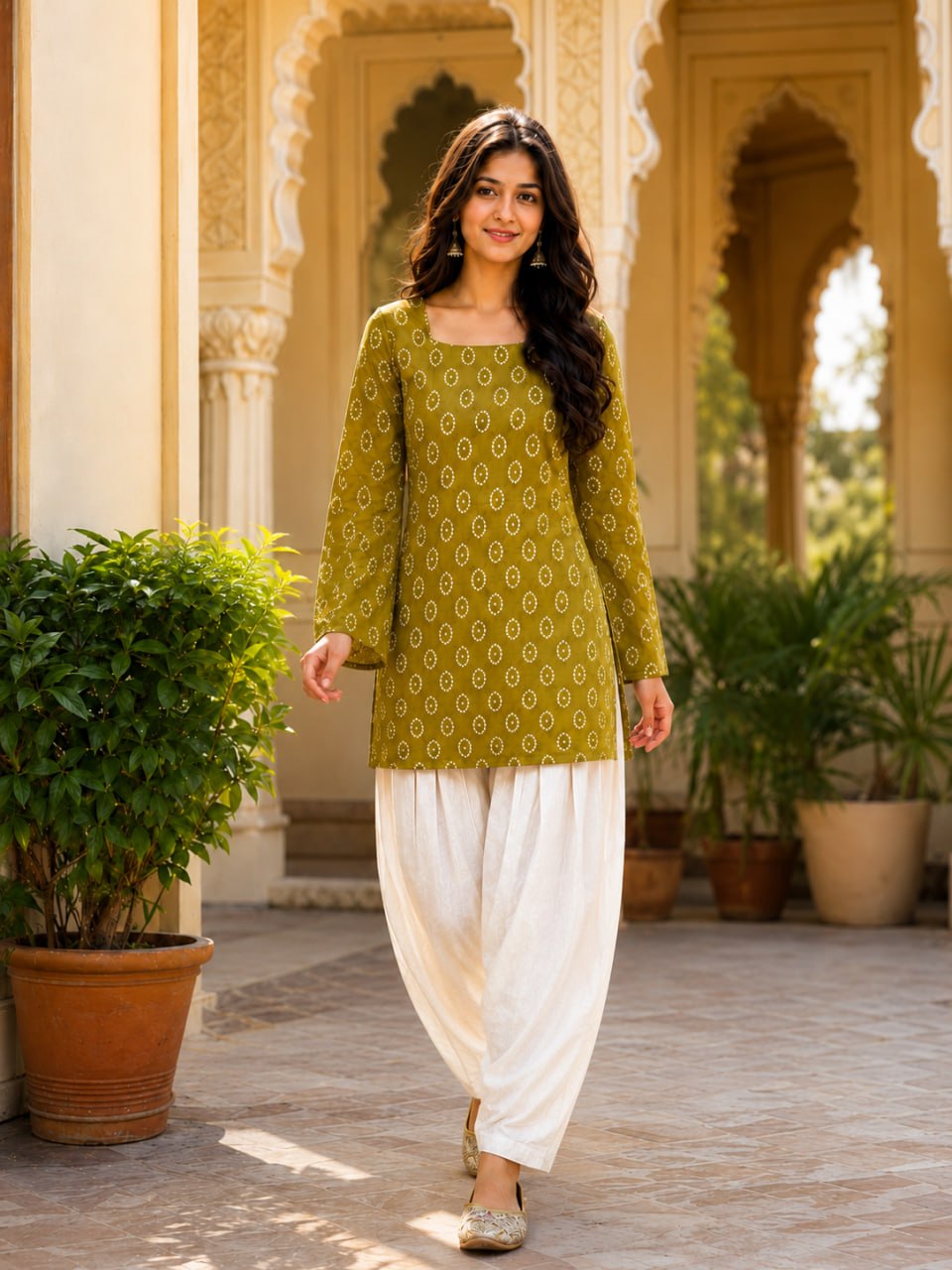 RangBhoomi Premium Cotton Bandhej Printed Top and Linen Cotton Farsi Style Pant Set