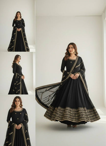 RangBhoomi Premium Chinon Silk Anarkali Gown Set with Heavy Embroidery, 3mm Sequin Sleeve Lace, Crepe Pants, and Sequined Lace Dupatta