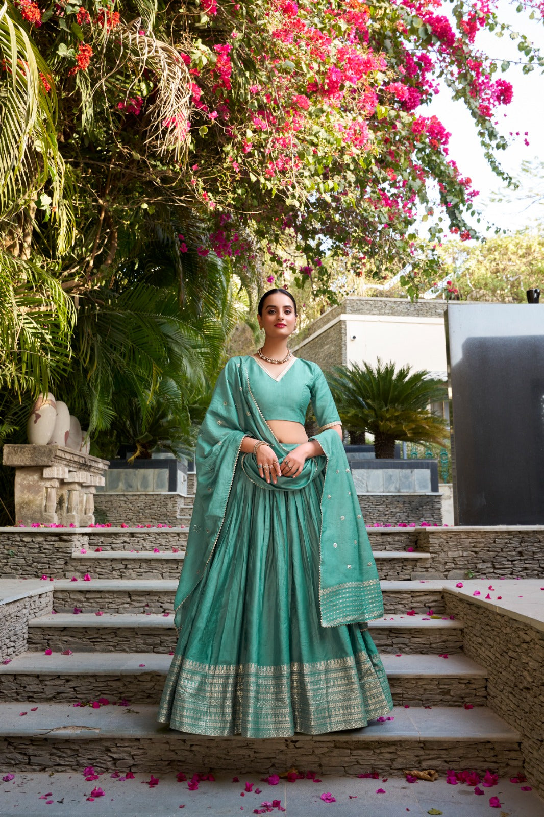 Elegant Pure Chanderi Lehenga Set with Exquisite Zari Work Border and Sequin-Embellished Dupatta