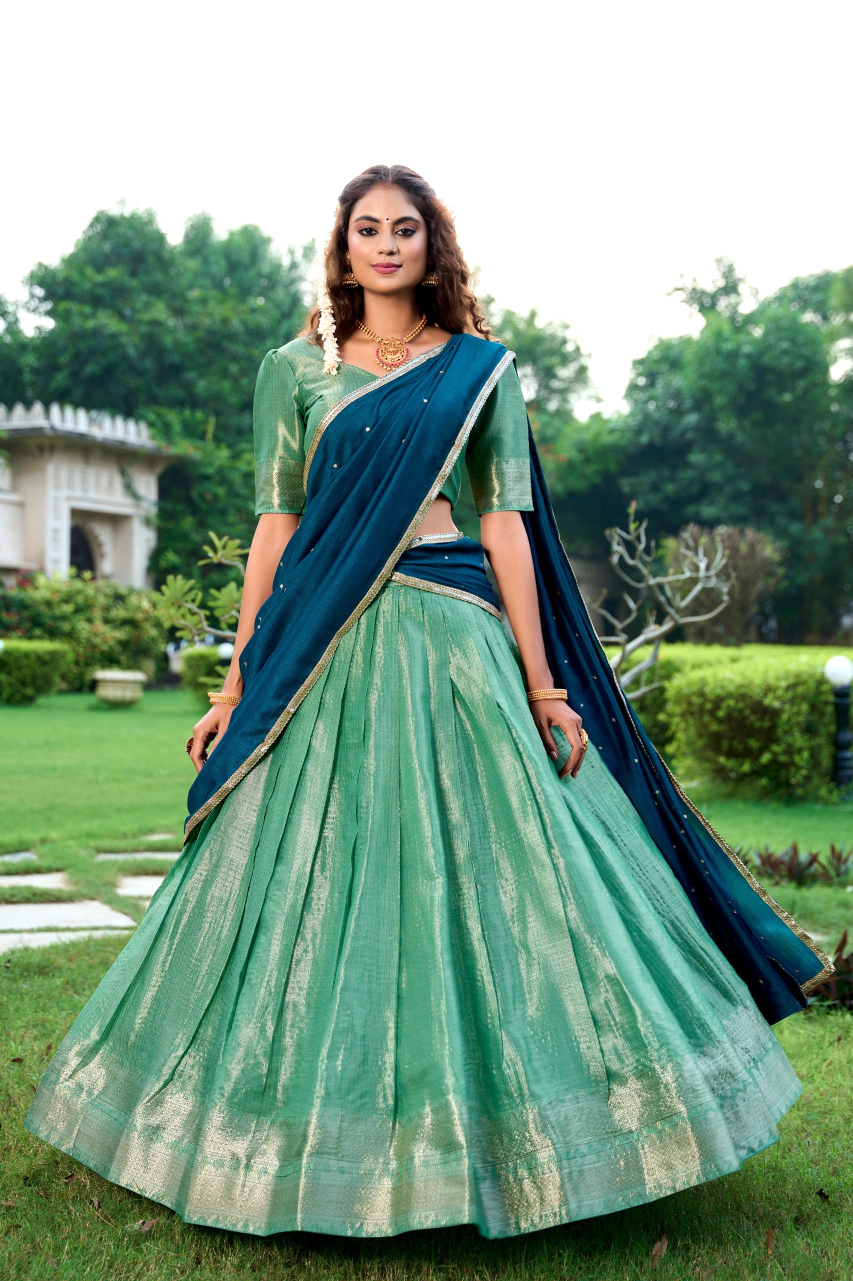 RangBhoomi Exclusive Kanchipuram Silk Lehenga Set with Zari Weaving and Embroidered Vichitra Silk Dupatta