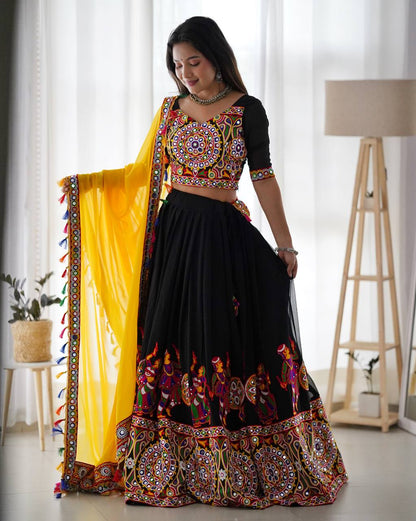 RangBhoomi Elegant Faux Georgette Mirror-Work Lehenga Set for Festive Celebrations