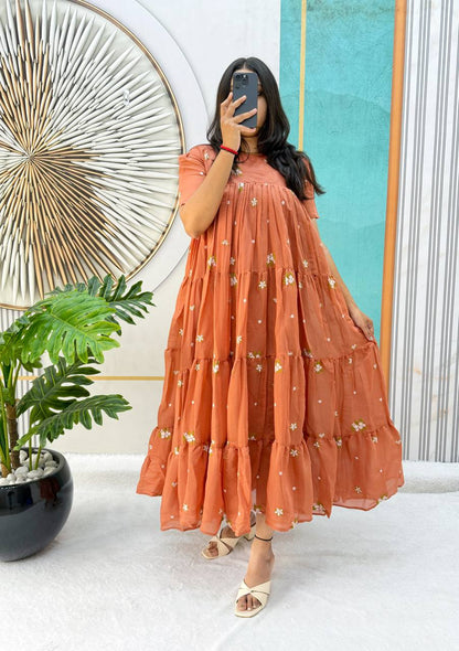 Elegant Floral Mull Cotton Chanderi Midi Gown for Summer – Embroidered, Fully Stitched, Available in Multiple Sizes