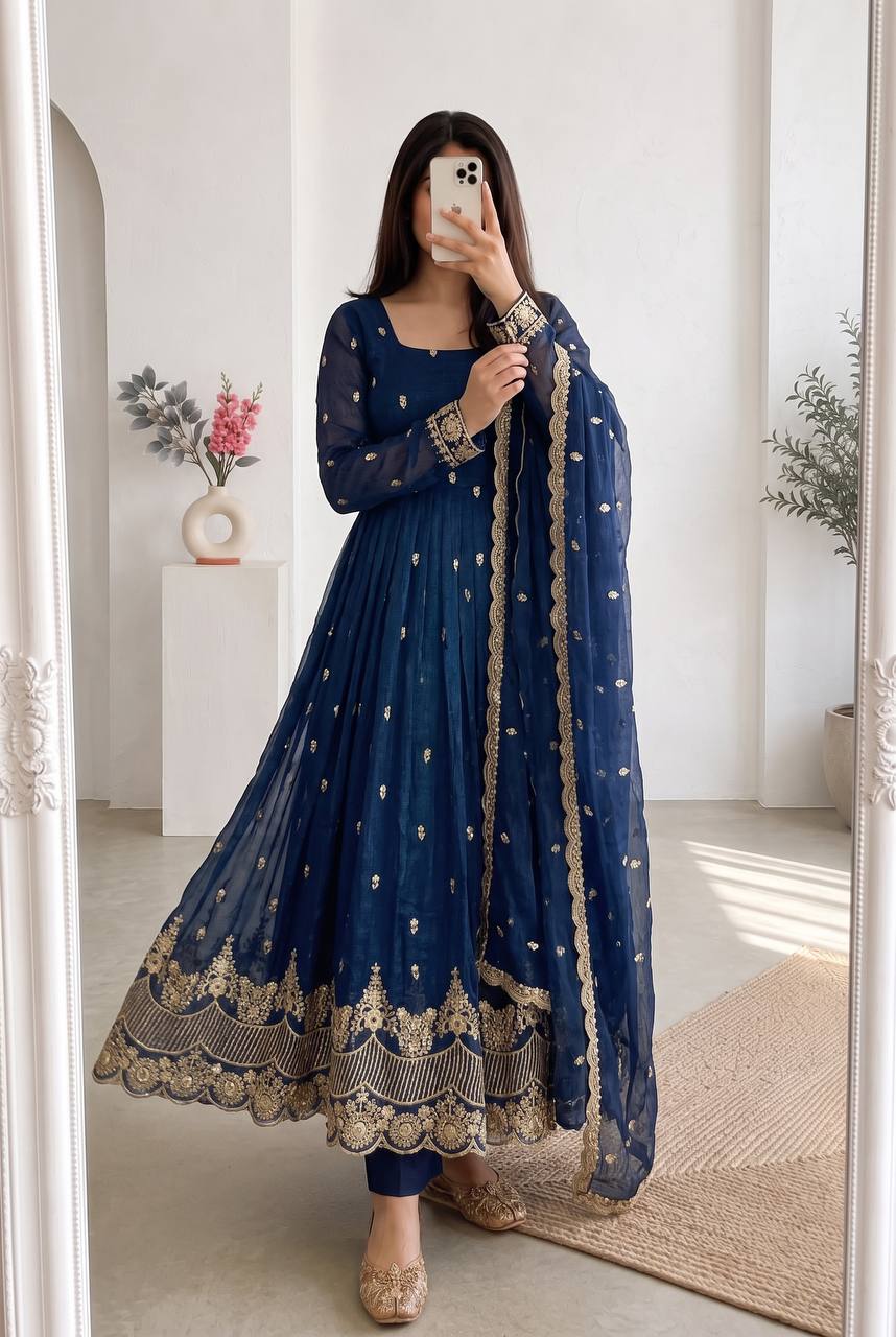RangBhoomi Designer Embroidered Heavy Crunchy Silk Gown Set with Dupatta & Pants