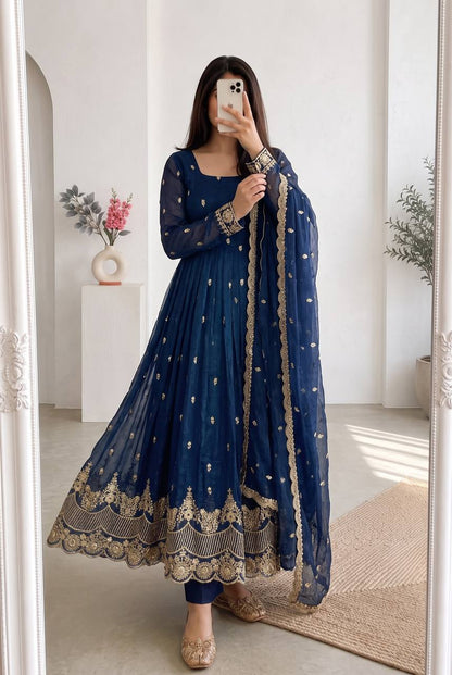 RangBhoomi Designer Embroidered Heavy Crunchy Silk Gown Set with Dupatta & Pants