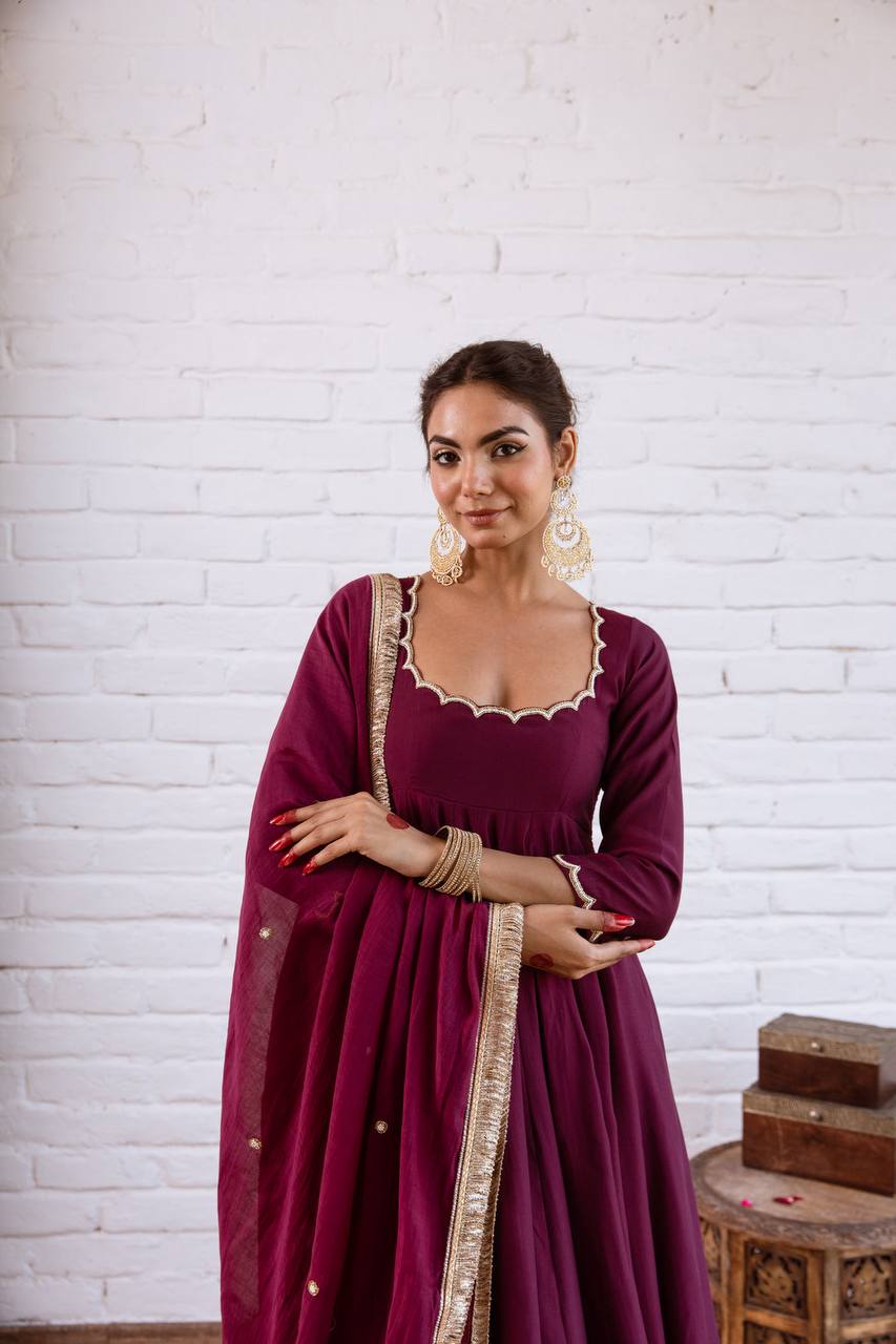 Elegant Anarkali Evening Gown with Beaded Detailing, Full Sleeves, and Vichitra Silk Fabric - Includes Bottom and Dupatta