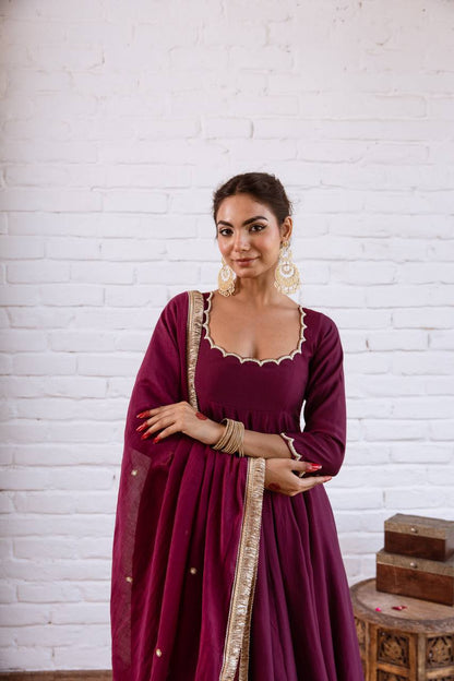 Elegant Anarkali Evening Gown with Beaded Detailing, Full Sleeves, and Vichitra Silk Fabric - Includes Bottom and Dupatta