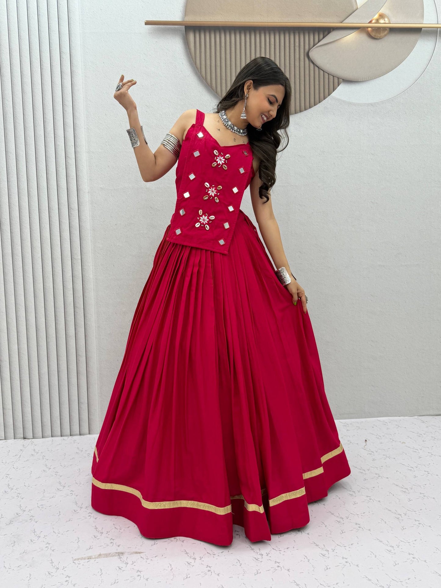 RangBhoomi Navratri Special Big Flair Lehenga Choli - Pure Cotton Handwork Mirror Embellished