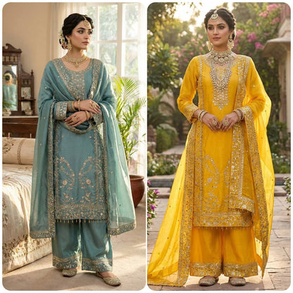 Elegant Designer Ready-to-Wear GMY Silk Three-Piece Set with Heavy Embroidery, Sequins, and Lace Border – Fully Stitched Top, Palazzo, and Dupatta