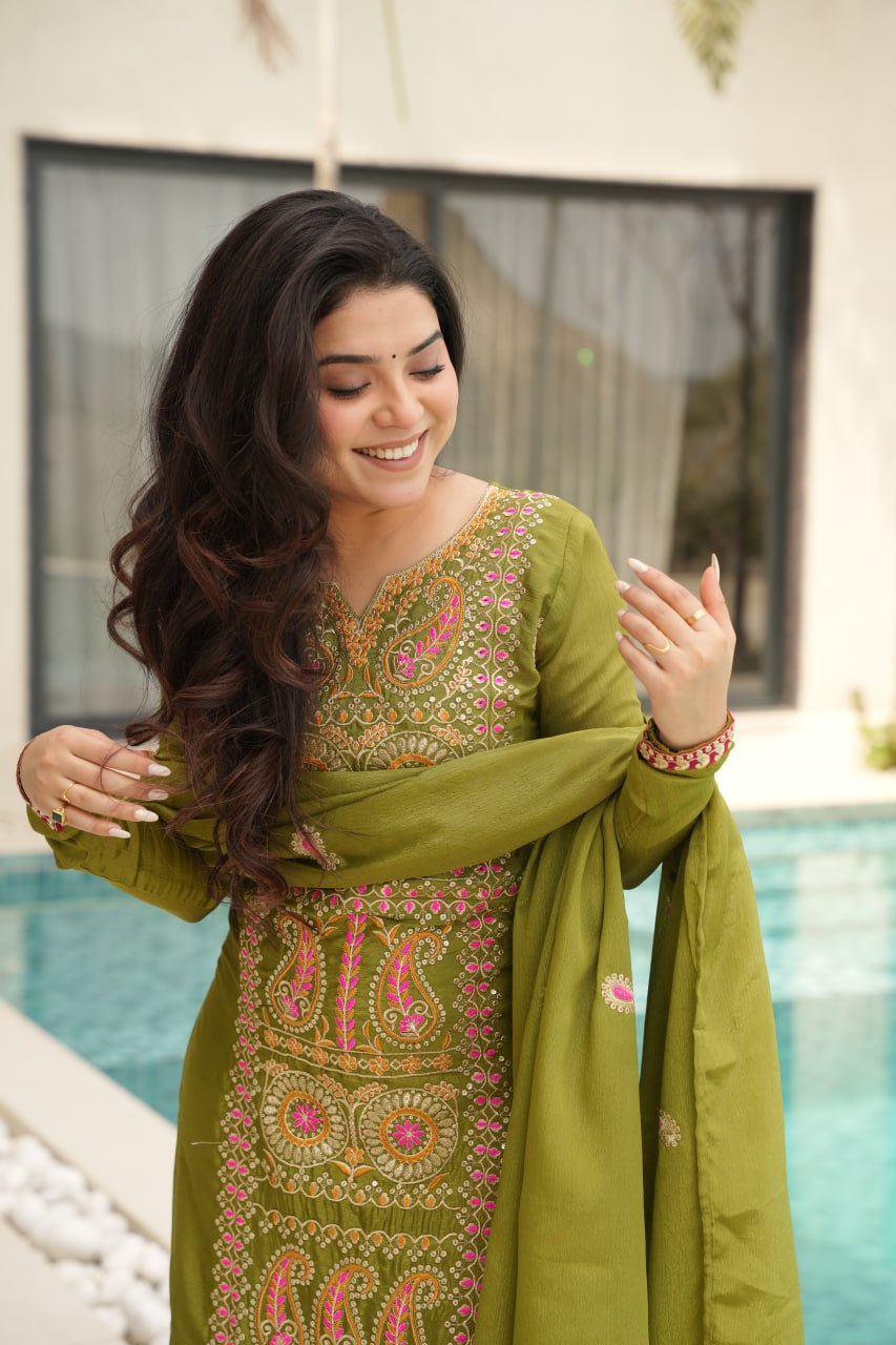 RangBhoomi Elegant Ready-to-Wear Top, Pant, and Dupatta Set with Intricate Multi-Thread Embroidery 2026 Collection