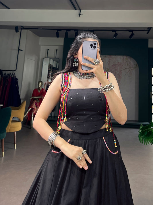 RangBhoomi Black Cotton Mirror-Work Lehenga for Navratri — 5m Flair with Multicolor Tassels