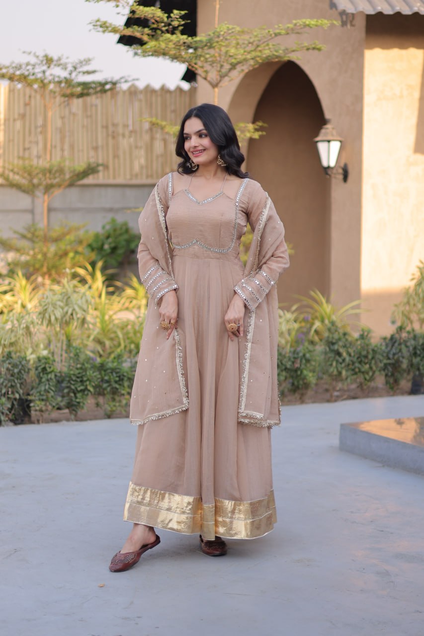 RangBhoomi Silver Mirror Lace Gown with Dupatta - Elegant Occasion Wear