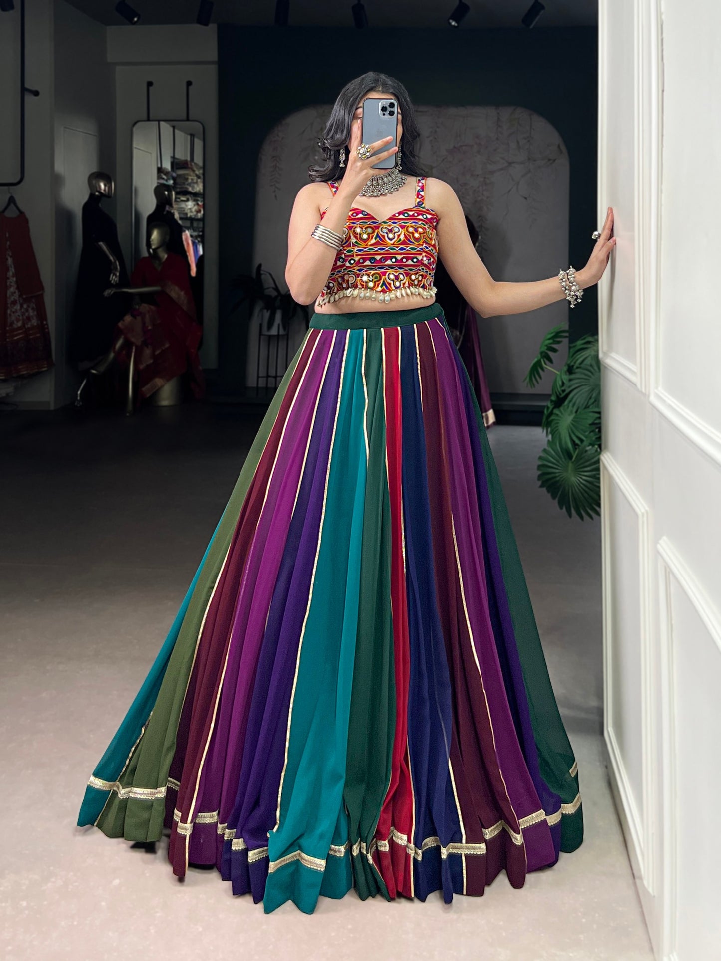 RangBhoomi Multicolor Garba Lehenga Set — Mirror-Embellished Blouse & Flared Georgette Skirt