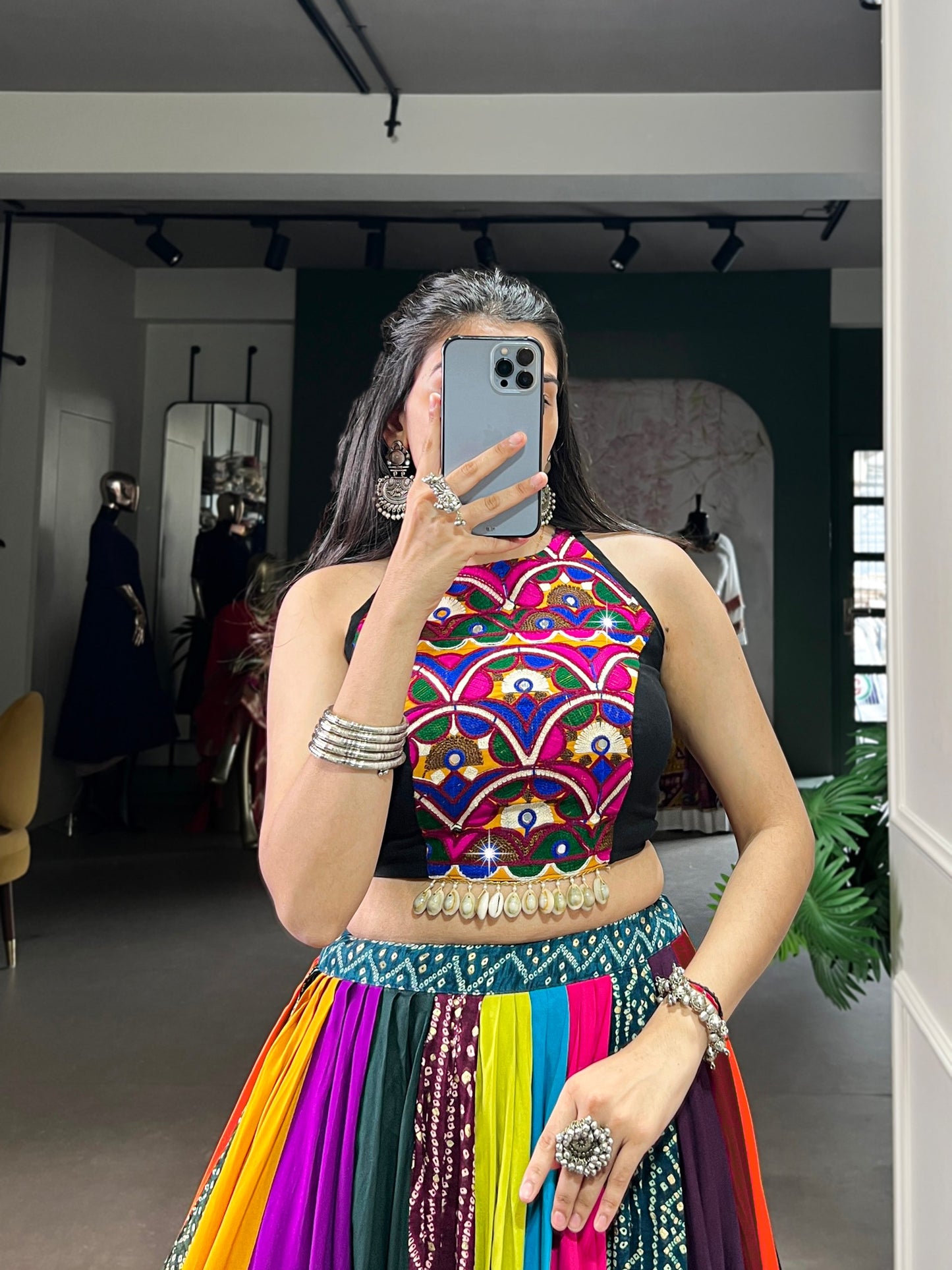RangBhoomi Rainbow Rasiya Navratri Multicolour Pure Rayon Lehenga Set