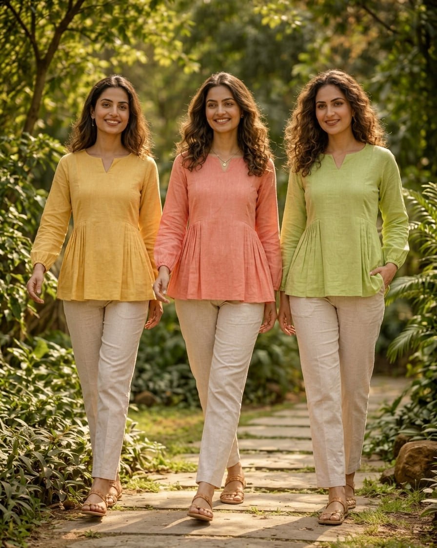 RangBhoomi Elegant Linen Cotton Top and Pant Set – Full-Sleeve Frill Stitch Top with Elastic Waist Pants in Parrot, Peach, and Yellow