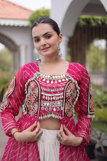 RangBhoomi Kora Cotton Lehenga & Faux Georgette Kurti Set - Full-Stitched, Frilled Lehenga, Laheriya Print Kurti