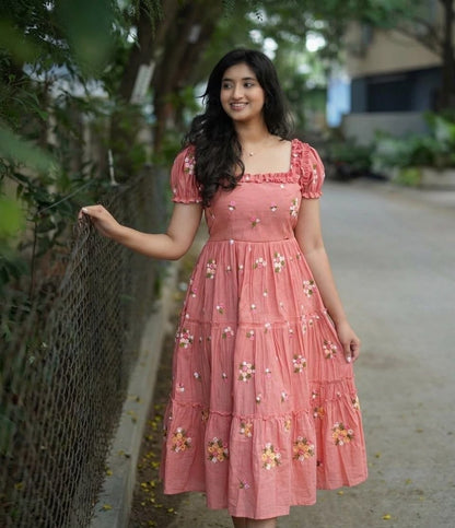 RangBhoomi Onion Pink Chanderi Cotton Maxi Frock with Embroidery and Belt