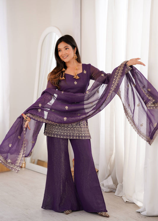Elegant Ready-to-Wear Crunchy Silk Ensemble with Embroidered Sequences, Jari Detailing, Dupatta, and Bell-Bottom Pants