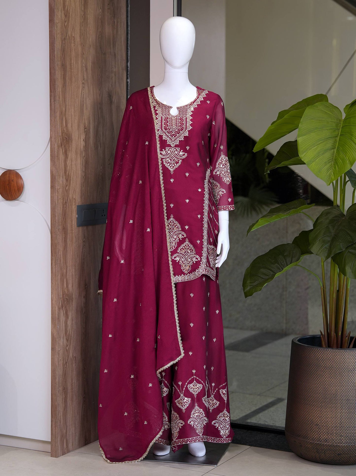 RangBhoomi Designer Wear Festival Exclusive Collection – Premium Embroidered Rangoli Crush Fabric Set with Palazzo and Lace Dupatta