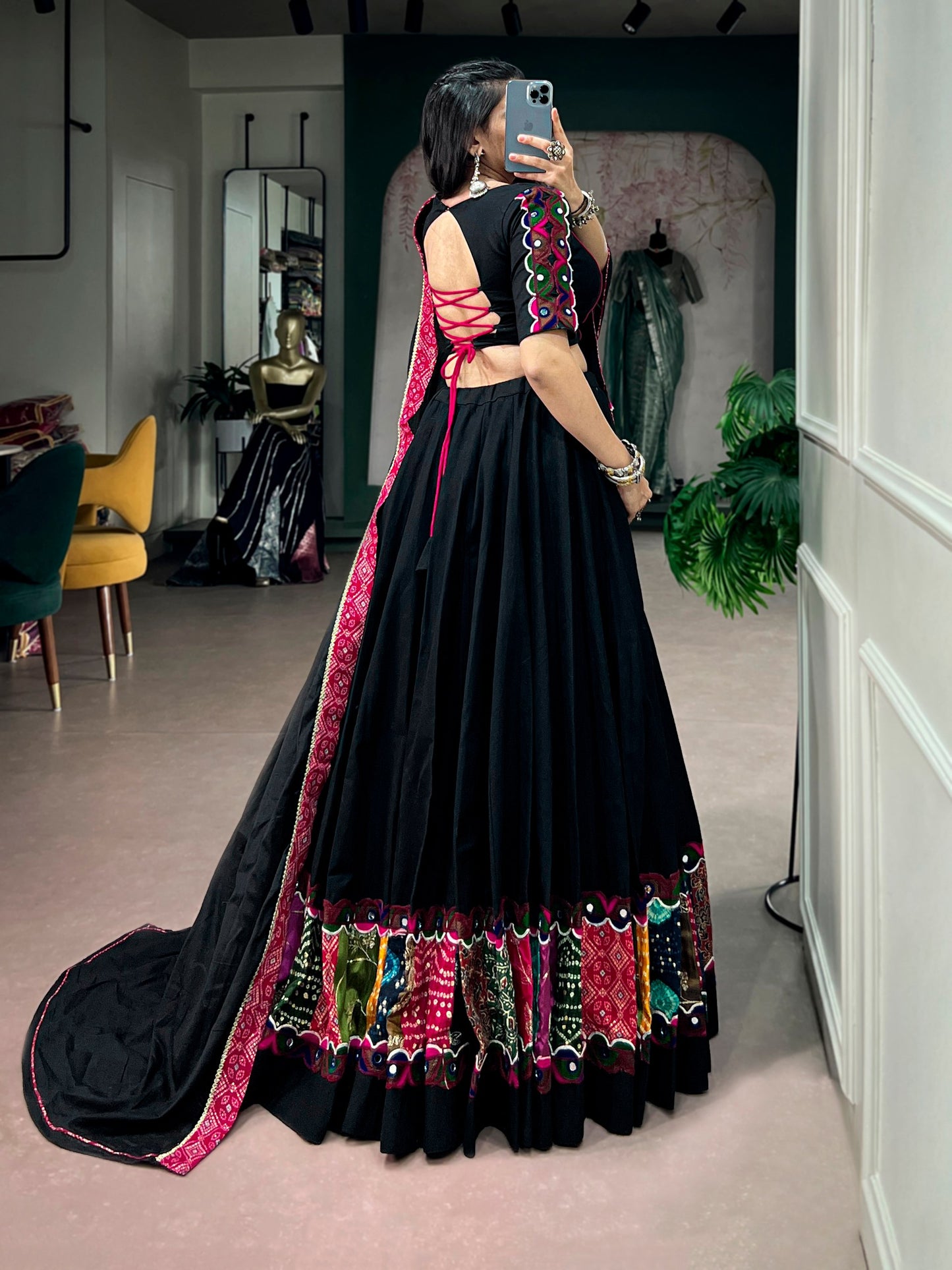 RangBhoomi Navratri Khadi Cotton Lehenga Set with Multicolor Patchwork & Bandhej Dupatta