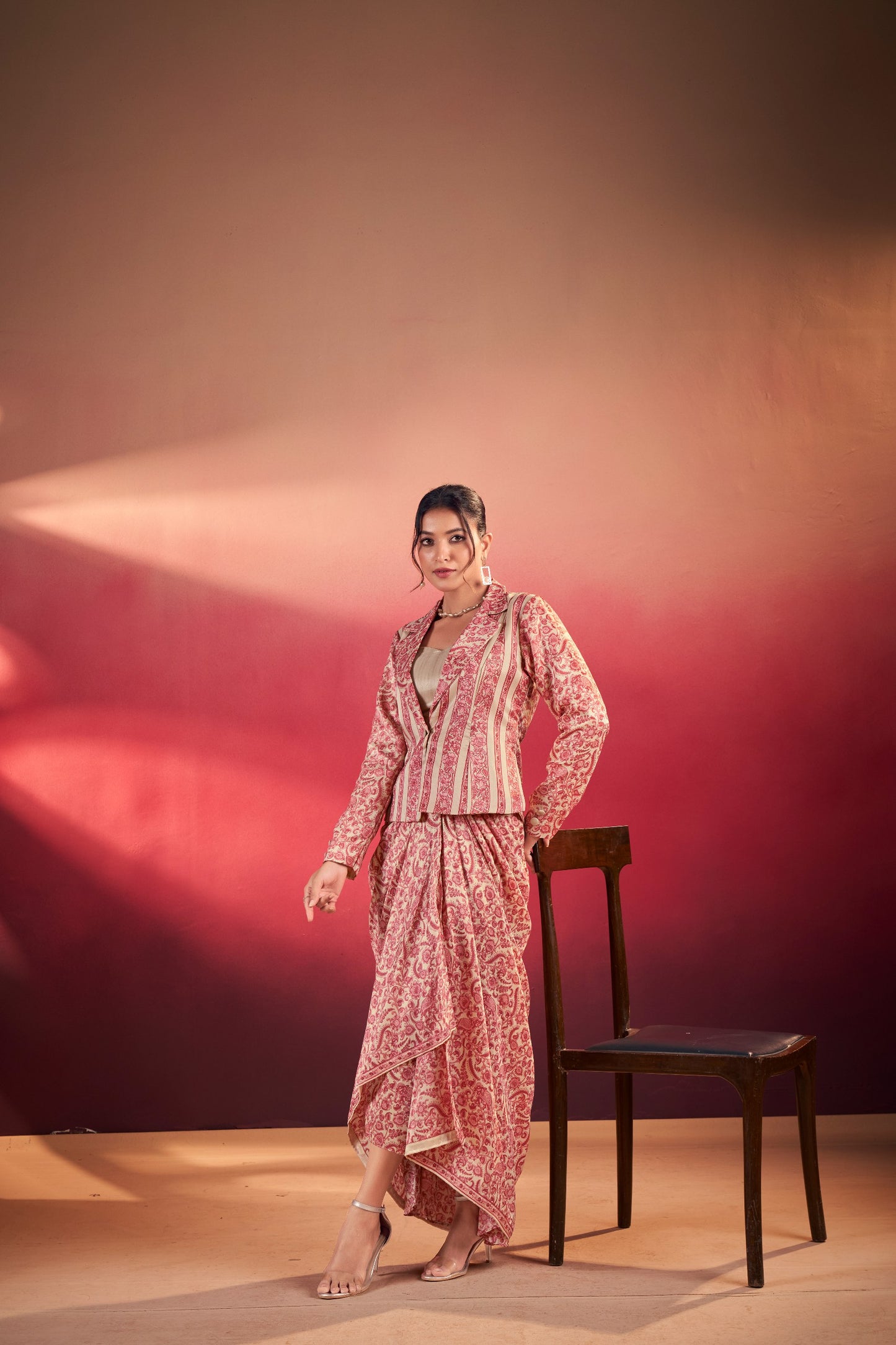 Elegant Tasar Silk Ensemble with Flowing Silhouettes and Artistic Prints for Festive Charm and Modern Style
