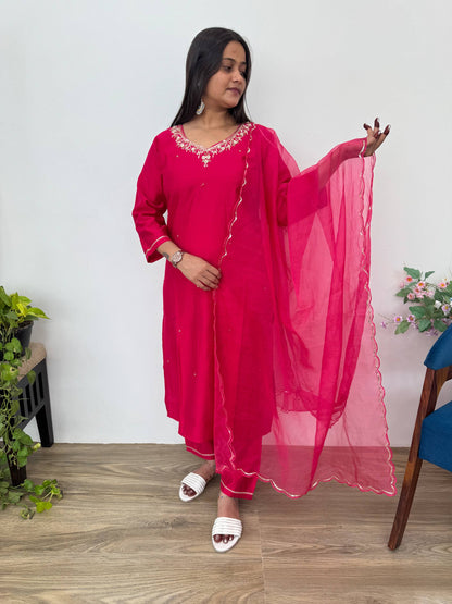 Introducing RangBhoomi Designer Three-Piece Set: Premium Cotton Kurti, Pant, and Organza Silk Dupatta