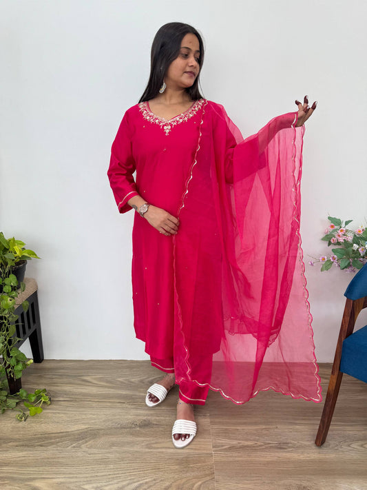 Introducing RangBhoomi Designer Three-Piece Set: Premium Cotton Kurti, Pant, and Organza Silk Dupatta