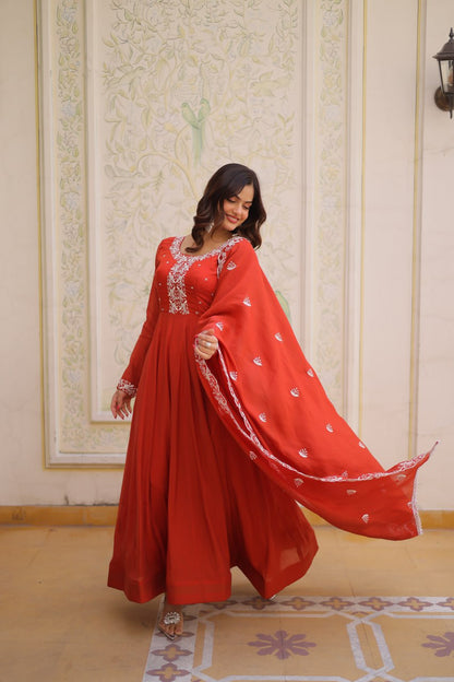 Elegant Mal Chanderi Gown and Dupatta Set with Bead Embroidery and Designer Cutwork Lace Border