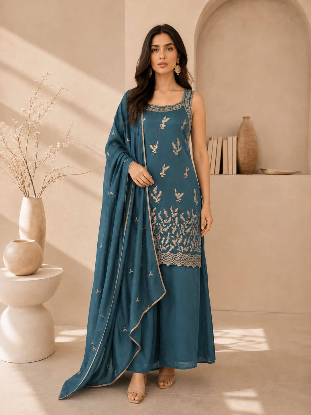 Designer Fusion Style Luxury Edition Women's Ethnic Ensemble – Vichitra Silk Embroidered Top, Palazzo, and Heavy Lace Dupatta