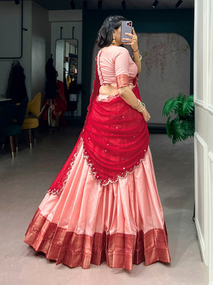 Soulfully Traditional Cotton Silk Lehenga Set with Royal Zari Work, Georgette Dupatta, and Elegant Scalloped Borders