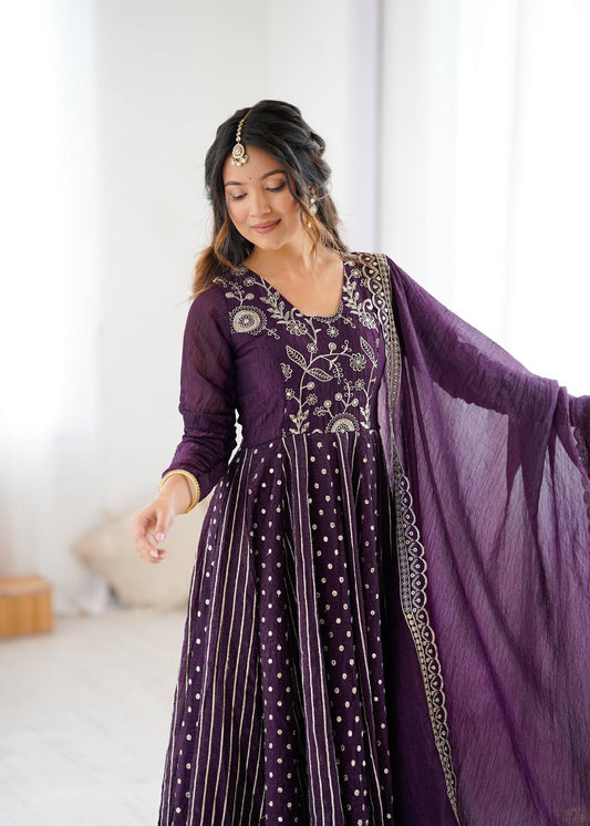 Festive Ready-to-Wear Fully Stitched Anarkali Gown Set with Embroidered Sequins and Lace-Trimmed Dupatta