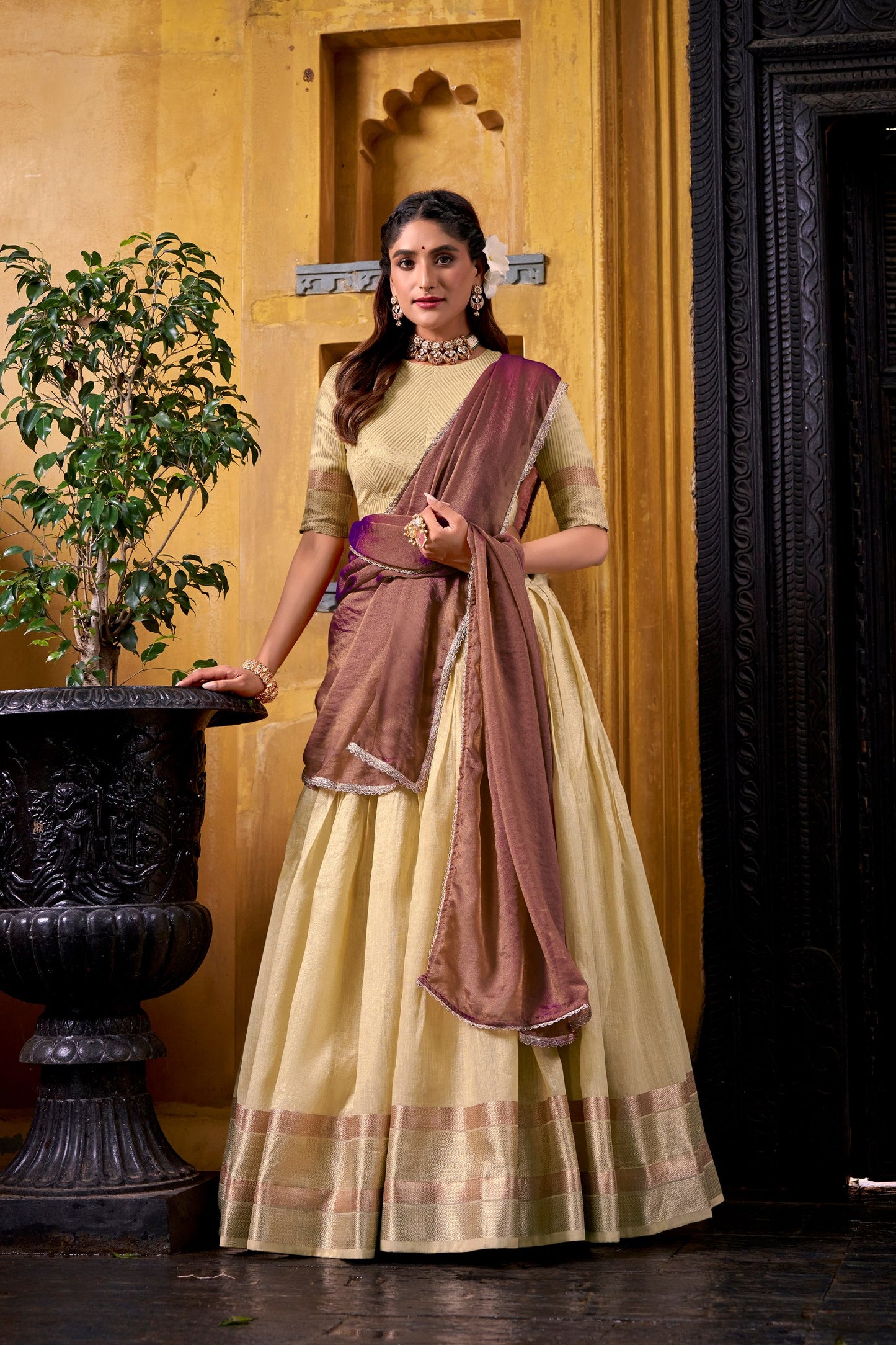 RangBhoomi Luxury Dupion Silk Lehenga Set with Zari Weaving and Shimmering Lace Dupatta
