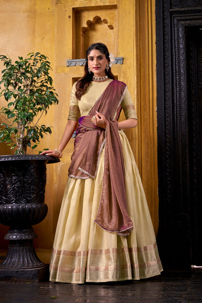 RangBhoomi Luxury Dupion Silk Lehenga Set with Zari Weaving and Shimmering Lace Dupatta