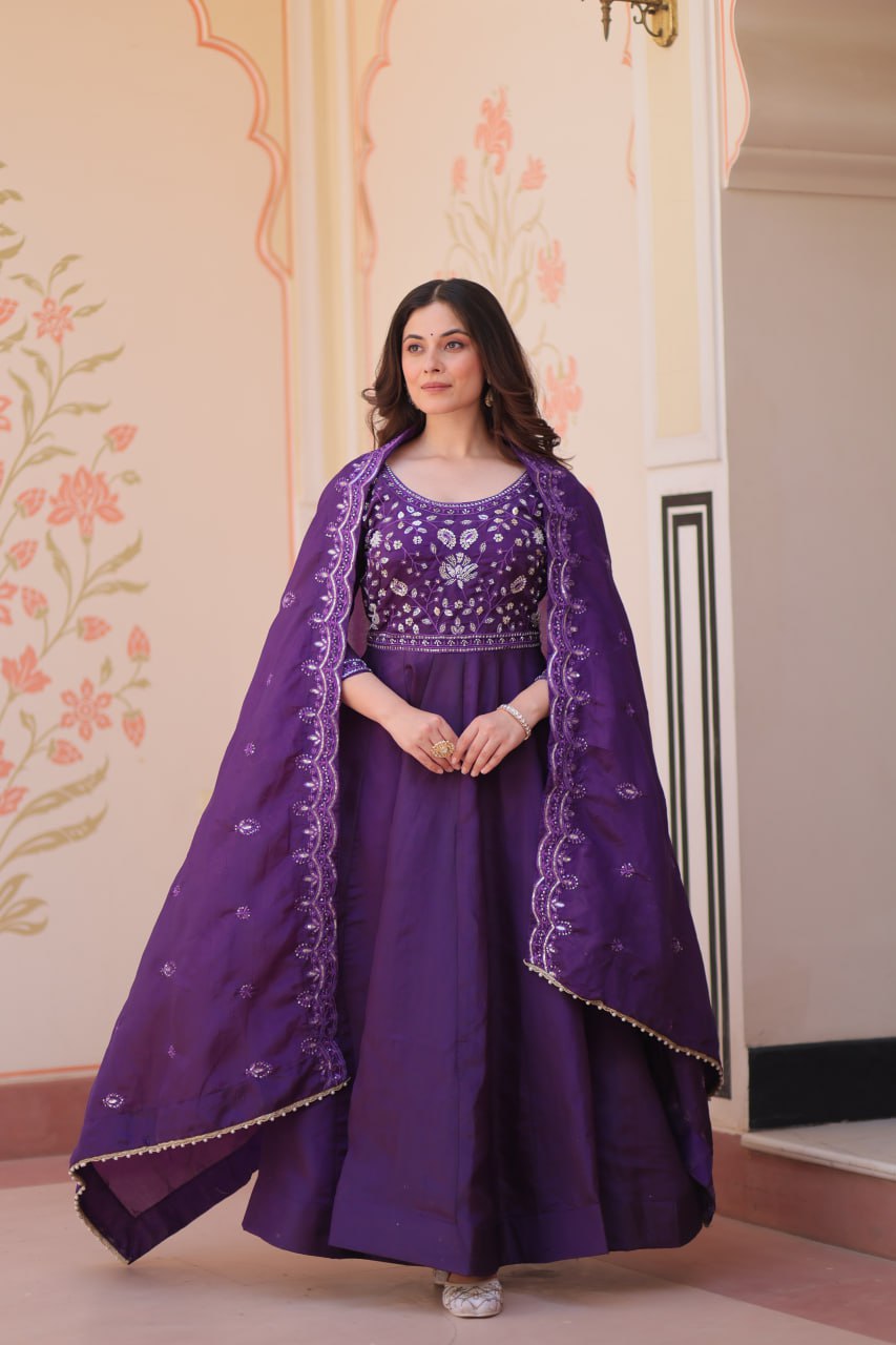 Elegant Gold Crush Embroidered Gown and Designer Dupatta Set