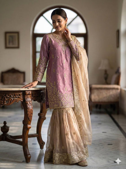 RangBhoomi Exclusive Designer Partywear Set – Pure Heavy GMY Silk with Elaborate Embroidery and Sequins