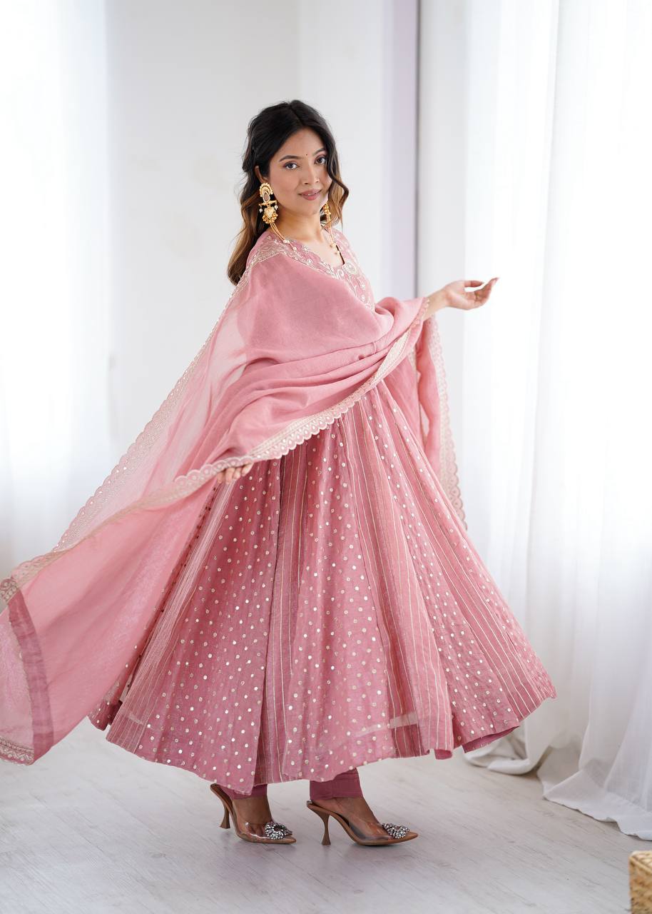 Festive Ready-to-Wear Fully Stitched Anarkali Gown Set with Embroidered Sequins and Lace-Trimmed Dupatta