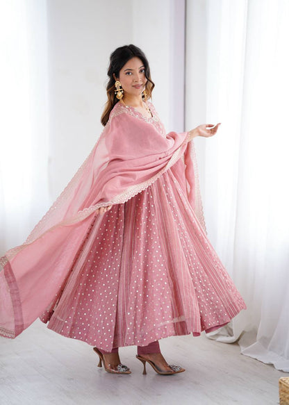 Festive Ready-to-Wear Fully Stitched Anarkali Gown Set with Embroidered Sequins and Lace-Trimmed Dupatta