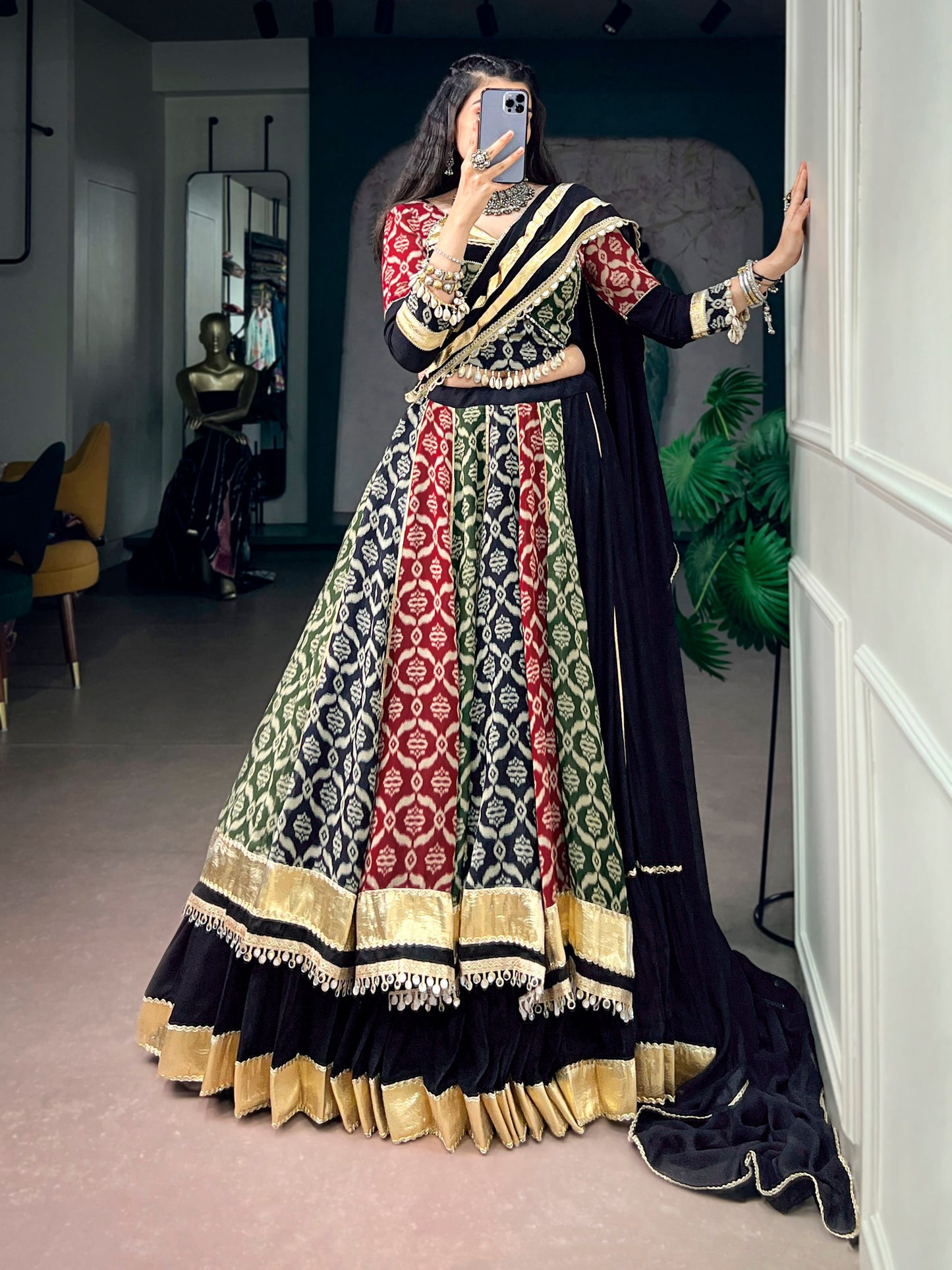 RangBhoomi Navratri Lehenga Set — Pure Rayon Heritage Print with Lace & 7m Flair