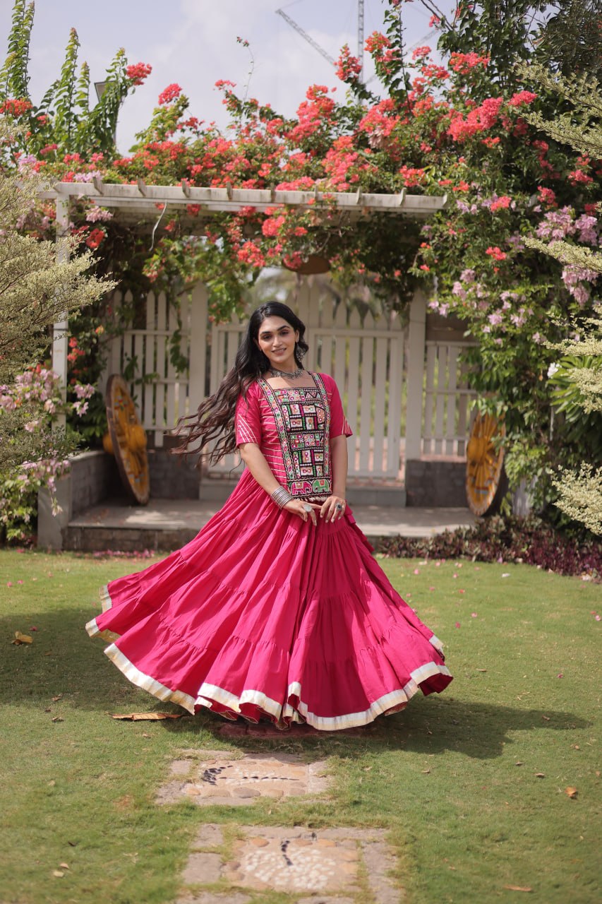RangBhoomi Navratri 2026 Kora Cotton Full-Stitched Lehenga & Blouse Set — L (40", Adjustable 38–44)