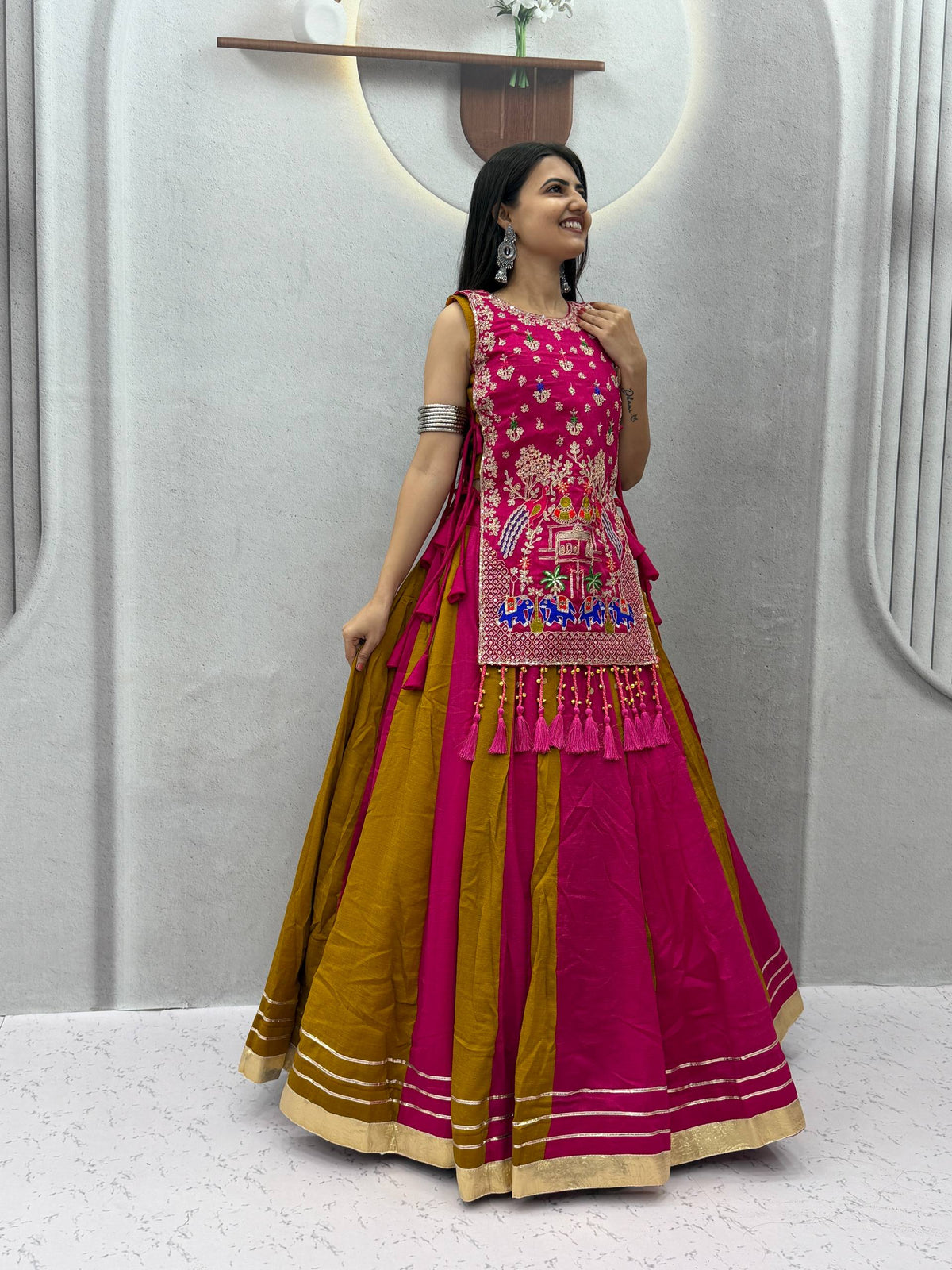 RangBhoomi Navratri Special Vichitra Silk Lengha Choli – Fully Stitched with Heavy Thread & Sequence Work