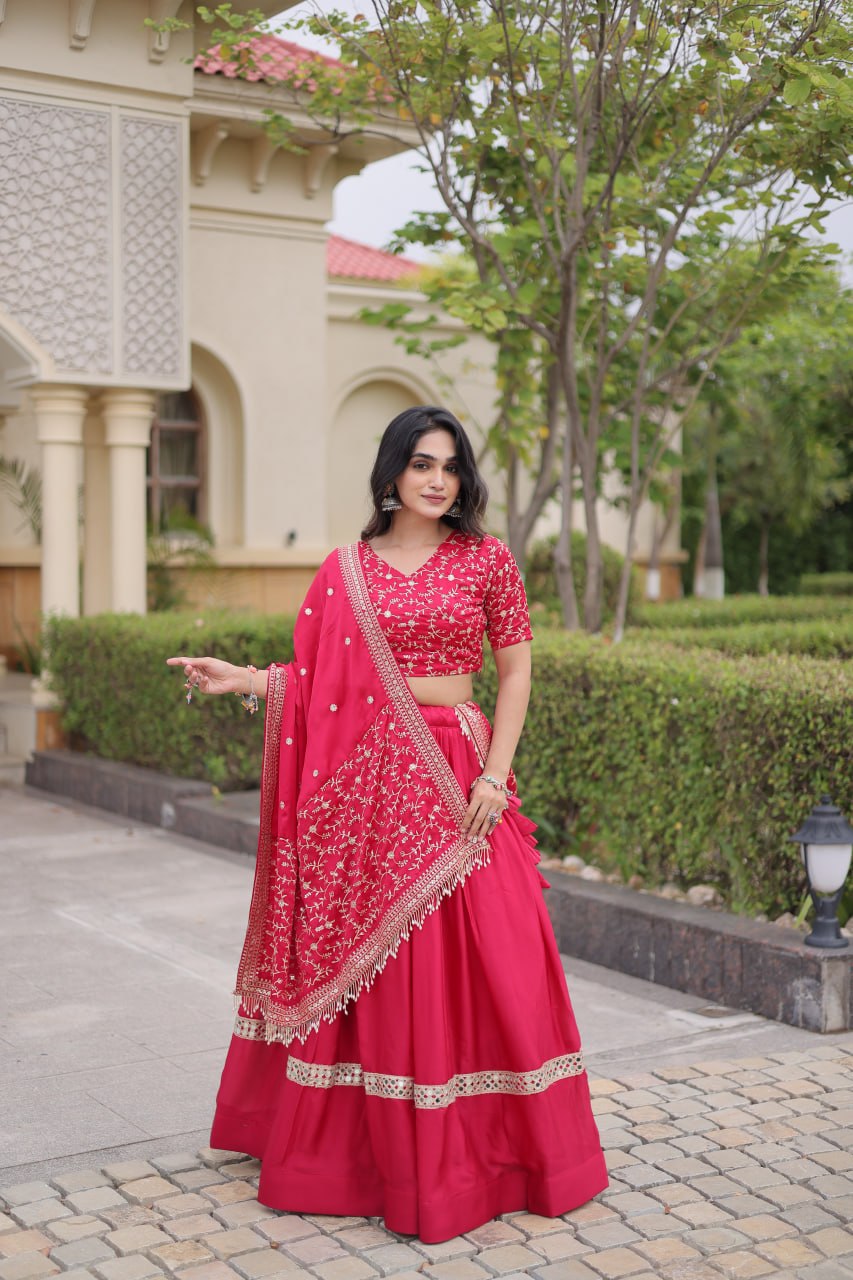RangBhoomi Glory Satin Embroidered Lehenga Choli Set - Full-Stitched Lehenga with Designer Dupatta