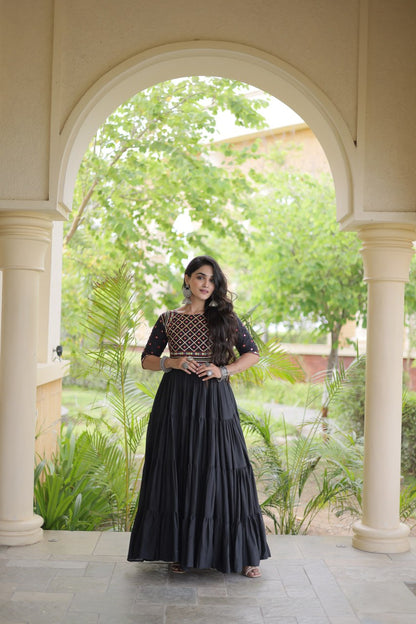 RangBhoomi Navratri Embroidered Kora Cotton Gown — Off-White & Black, 56" Length