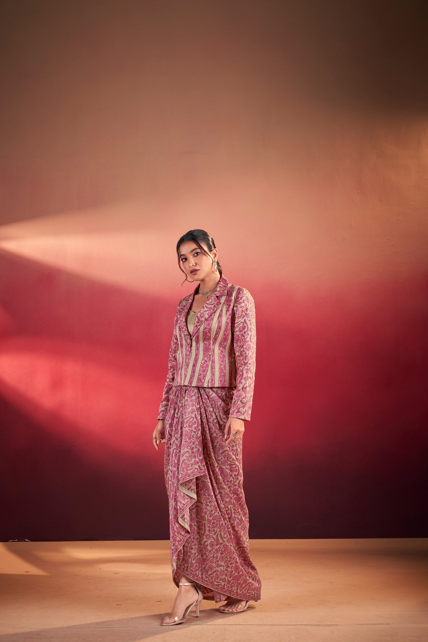 Elegant Tasar Silk Ensemble with Flowing Silhouettes and Artistic Prints for Festive Charm and Modern Style